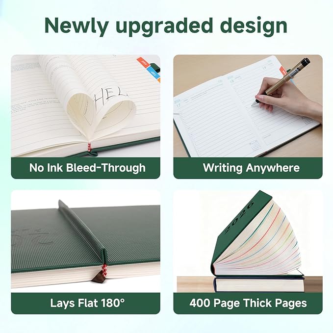 Picoway 2026 Planner A5 400 Pages - Weekly and Monthly Daily Calendar with Thick Paper, One Full Page Per Day Planners from Jan. 2026 - Dec. 2026, Hardcover Notebook ，8.3" x 5.7" (Dark Green)