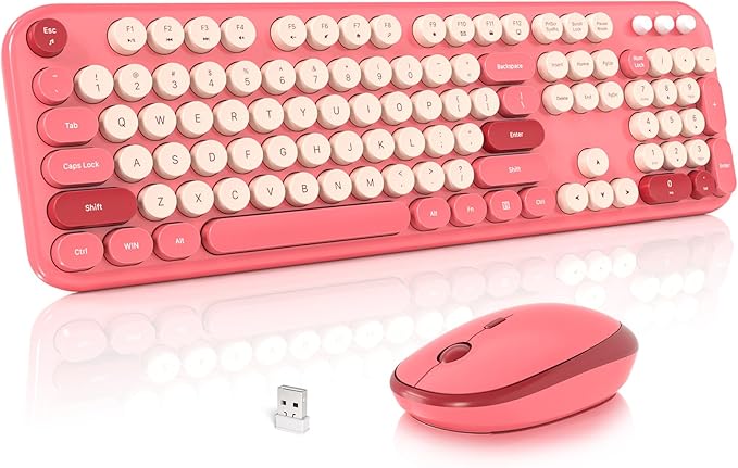 MOFII Wireless Keyboard and Mouse Combo, Cute Keyboard Full Size and Wireless Mouse, 2.4GHz Retro Typewriter Keyboard Wireless Mouse Set for PC/Desktop/Laptop/Windows (Hot Pink)