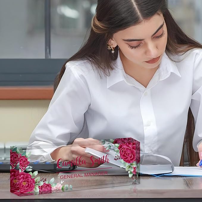 Ship Next Day Personalized Name Plate for Desk, Custom Acrylic Desk Name Sign, Office Appreciation Gifts for Women Men Coworkers Boss Teacher Employee (Flower-Rose)