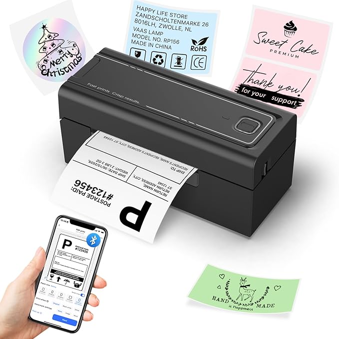 Bluetooth Thermal Label Printer, Wireless 4x6 Shipping Label Printer for Small Business, High-Speed Thermal Printer Compatible with Android, iOS & Windows for Amazon, Ebay, Shopify, USPS
