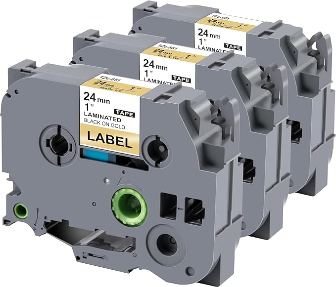 Weemay 3 Pack TZe851 24mm Black on Gold Laminated Label Tape Compatible with Brother Label Maker Tape TZe-851 TZe 851 TZ-851 TZ851 for PTouch PT-E500 PT-D600 PT-P750W PT-P900W Printer, 1 in x 26.2 ft