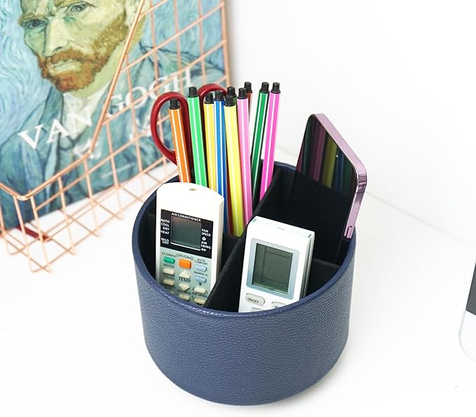 Hennaja Round Leather Art Supply Organizer,Remote Control Holder,360 Degree Spinning,Multi-Functional Pencil Holder,4 Compartments Desktop Stationary Organizer(1-Lichee Blue)
