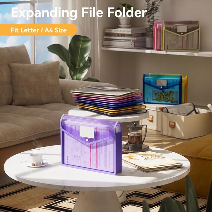 ABC life 6 Pack Plastic Expanding File Folder, Transparent Envelopes with Snap Closure, No Dividers, Large Capacity, Assorted Colors, Large Capacity, Fit Letter/A4 Size - Mutilcolor 03