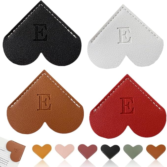 Personalized Leather Heart Bookmark, 26 Letters Customized Corner Book Mark for Reading, Book Holder Markers with Initials Page Book Accessories Cute Gifts (Black+White+Dark Brown+red,E)