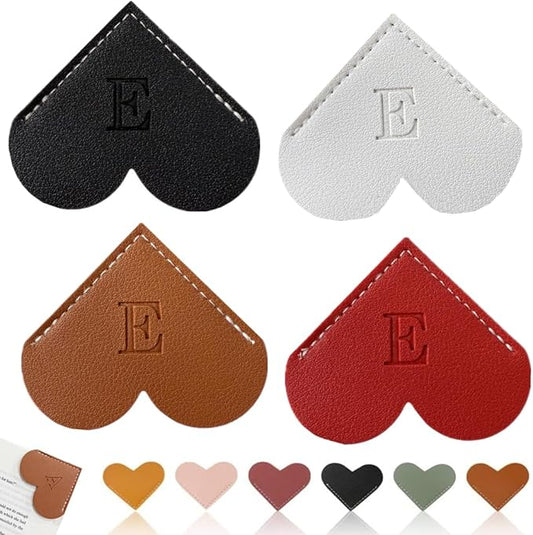 Personalized Leather Heart Bookmark, 26 Letters Customized Corner Book Mark for Reading, Book Holder Markers with Initials Page Book Accessories Cute Gifts (Black+White+Dark Brown+red,E)