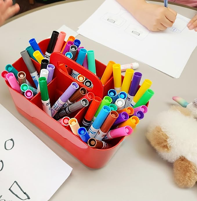 2 Pack Small 6 Compartment Multiuse Caddy Organizer with Handle Art Craft Supplies, Office, Desk, Stationery Pen Holder Stackable- Made In USA (Red/Blue)