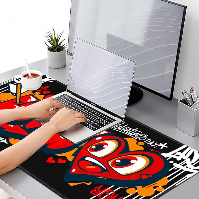 Gaming Mouse Pad, Keyboard Mouse Pad 31.5x15.7 inch XXL Large Computer Laptop Cool Desk Mat with Non-Slip Rubber Base and Stitched Edge for Home Office Work, Black Love Graffiti