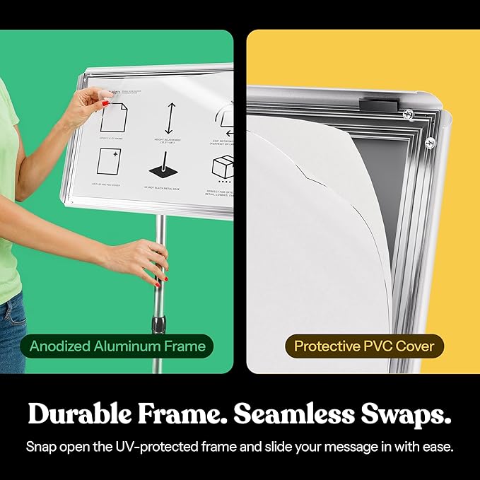 T-SIGN Adjustable Heavy Duty Pedestal Sign Holder Poster Stand - 11x17 Inch Vertical & Horizontal Sign Stand Displayed Poster Holder - Steel Square Base Sign Stands for Display (Silver)