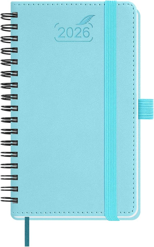 BEZEND Pocket Calendar 2026 Weekly and Monthly (3.5" x 6" Spiral) Small Daily Planner for Purse (Jan-Dec) with Notes & Expenses, Inner Pocket, Pen Holder, Vegan Leather Softcover - Sky Blue