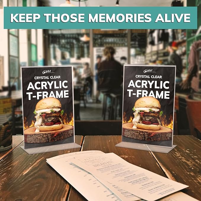 pbf 5x7 Acrylic Picture Frame Display Stand | 5 x 7 Vertical Clear Acrylic Sign Holder | T-Style Photo Frame for Table Sign, Tabletop Wedding Sign, Menu, QR Code (6-Pack)