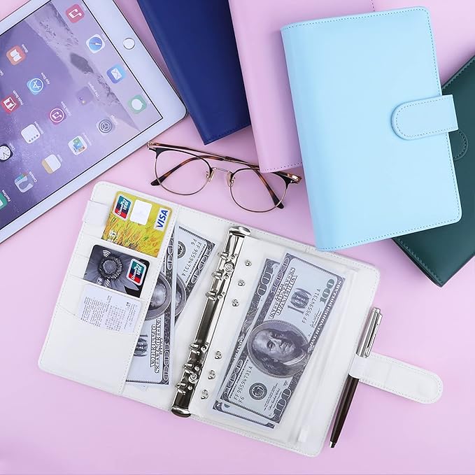Antner A6 Budget Binder with Zipper Cash Envelopes for Money Organizer & Budgeting, PU Leather Budget Planner Money Saving Binder with Cash Stuffing Envelopes & Labels for Home Office Travel, White