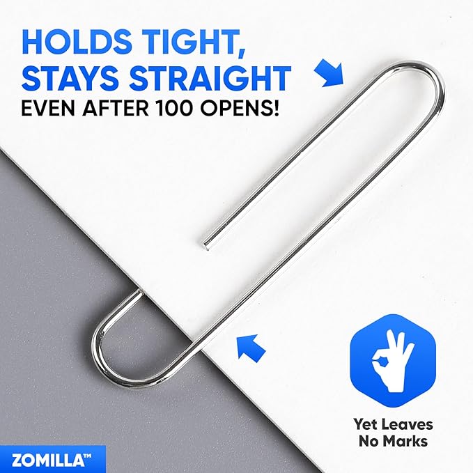 Large Paper Clips, Zomilla 1000pcs 2 Inches Jumbo Paper Clips Silver, Smooth Recyclable Large Paperclips for Office Home School, Stainless Steel Rustproof & Durable Big Paperclip