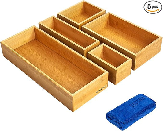 Secura Kitchen Drawer Utensil Organizer Box Set 𝟱 𝗣𝗮𝗰𝗸, Bamboo Utensil Holder Cutlery Makeup Silverware Jewelry Flatware Organization Tray for Kitchen, Bathroom, Office and Living Room
