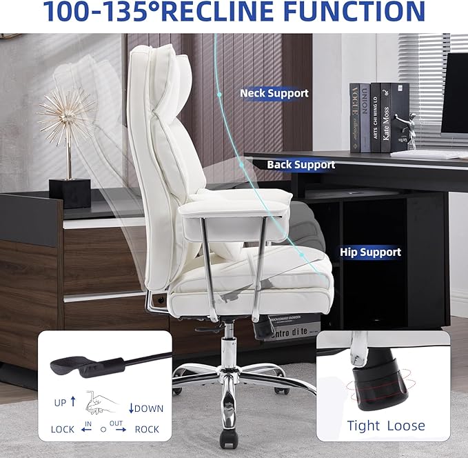 Big and Tall Office Chair 500lbs Wide Seat Executive Office Desk Chair High-Back Office Task Chair with,Ergonomic Lumbar Support Computer Office Chairs for Heavy People(White)
