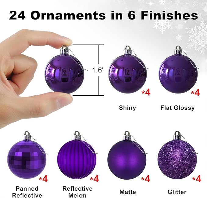 Purple 1.6" Small Christmas Balls Christmas Tree Decoration Ornaments Shatterproof Hanging Balls for Birthday Halloween Holiday Wedding Decorations Set of 24pcs