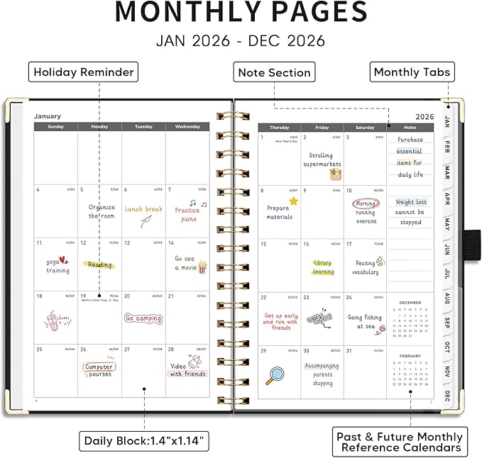 AHGXG 2026 Planner, Weekly and Monthly, 2026 Calendar, Jan 2026 - Dec 2026, Hardcover with Monthly Tabs, 100 GSM Thick Paper, for Women School Home Office Supplies, 6" X 8.38", Black