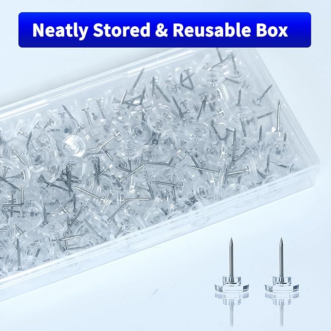 200 Pack Clear Push Pins – Thumb Tacks for Bulletin Boards, Cork Boards, Wall Displays – Flat Head, Heavy Duty Plastic, Reusable Storage Box Included