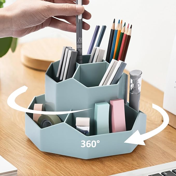 Pencil Pen Holder for Desk, 9 Slots 360 Degree Rotating Desk Organizer, Cute Pen Organizers Stationery Supplies for Office Home & Art Supply (Blue)