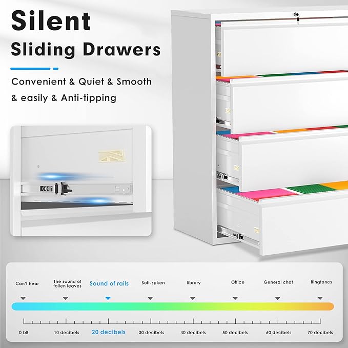 Pataku 4 Drawer File Cabinet with Lock, Metal Lateral File Cabinets for Home Office, Locking Filling Cabinets for Hanging Files Letter/Legal/F4/A4 Size (White)