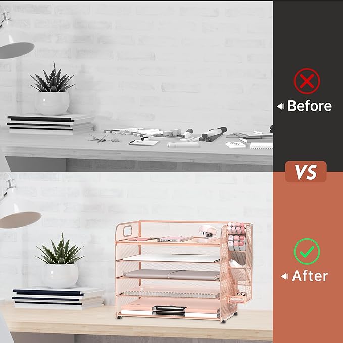 SUPEASY 5 Tier Desk Organizer with Handle & Removable Pen Holders, Mesh Paper/File Organizer for Office Supplies, Rose Gold
