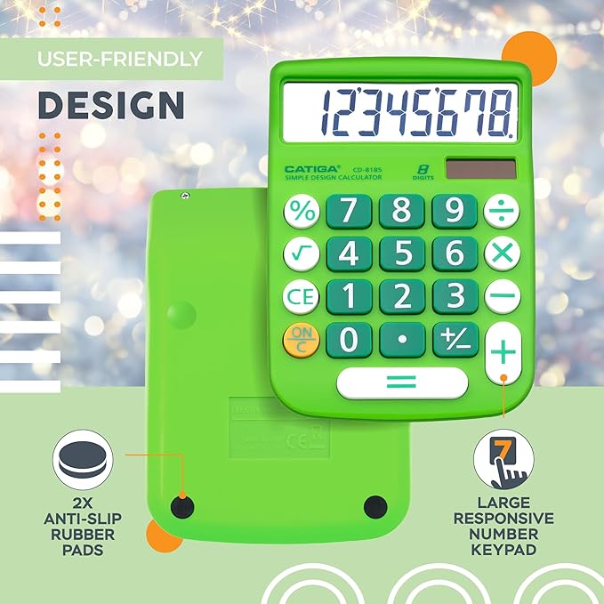 CATIGA Desktop Calculator 8 Digit with Solar Power and Easy to Read LCD Display, Big Buttons, for Home, Office, School, Class and Business, 4 Function Small Basic Calculators for Desk, CD-8185