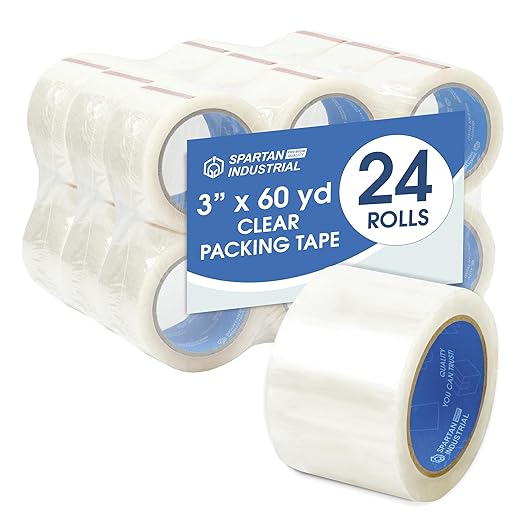 Spartan Industrial - 3" X 60 yd Clear Packing Tape Rolls - 24 of Wide Heavy Duty Tape for Packing, Moving, Shipping, and More - 2.7 Mil