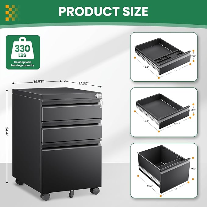 Mobile File Cabinet with Lock, 3 Drawer File Cabinet for Home Office, Rolling File Cabinet, Under Desk Locking Filing Cabinet on Wheels for Legal/Letter/A4 File, Fully Assembled, Black