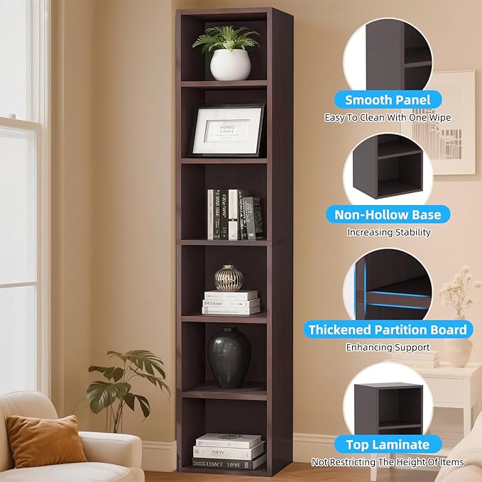 72" Rectangle Wooden Bookshelf with 6 Tier Bookshelf, Large Bookcase for Home Offices and Living Rooms with Storage Shelves, Display Shelves, Brown