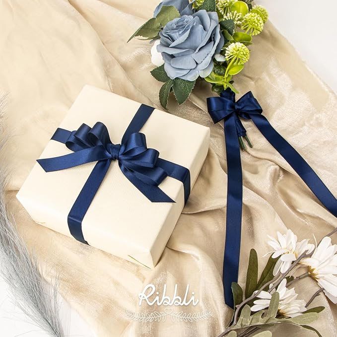 Ribbli Navy Satin Ribbon 5/8 inch x Continuous 25 Yards,Double Faced Satin Use for Craft, Gift Wrapping, Christmas Ornaments, Hair Bows, Bouquet Bows