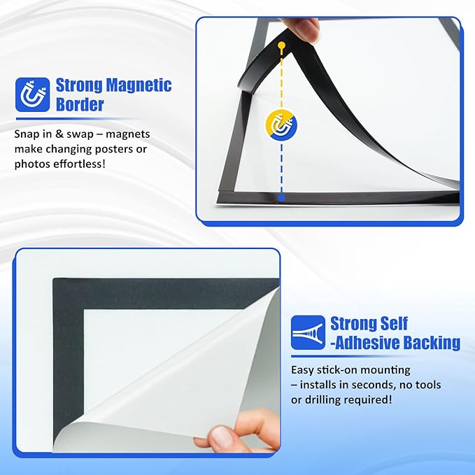 Magnetic Sign Holder & Picture Frame 8.5 x 11 - Self-Adhesive Magnetic Frames with Strong Magnet Border, Clear PVC Document/Poster/Paper Wall Mount Holder for Home Office Store, 50 Pack