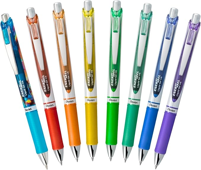 Pentel EnerGel RTX Retractable Liquid Gel Pen, Happiness Expressions Pack, 0.7mm, Metal Tip, Medium Line, Assorted Ink, Pack of 8 Pens (BL77XHAPBP8M)