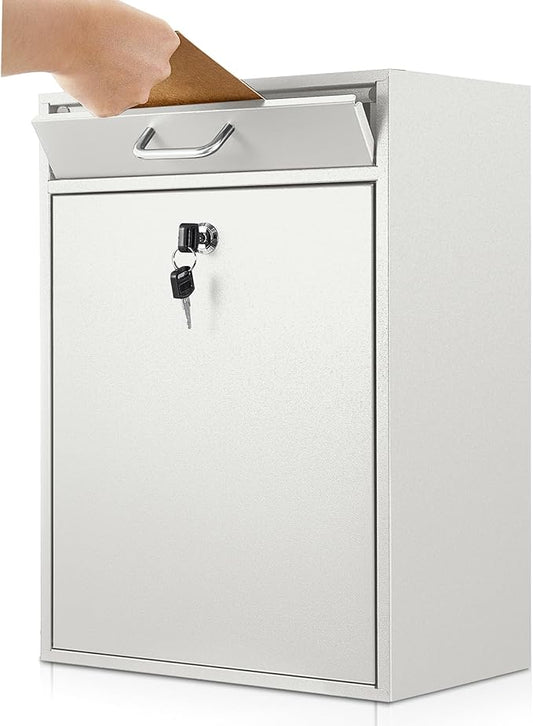 Locking Mailbox with Key for Outdoor 18 x 15 x 7 Inches Large Wall Mount Mail Box with Lock Security Mail Drop Metal Collection Boxes Hanging Secure Postbox(Creamy White)