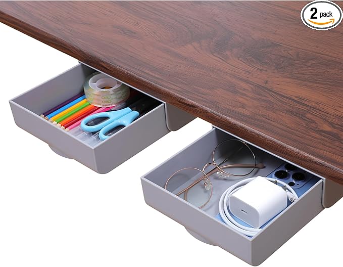 2 Pack Under Desk Drawer Self-Adhesive Desktop Storage Organizer, Hidden Attachable Slide Out Desk Drawer, Under Table Tray for Pencil Pen Stationery Office Organization, Gray
