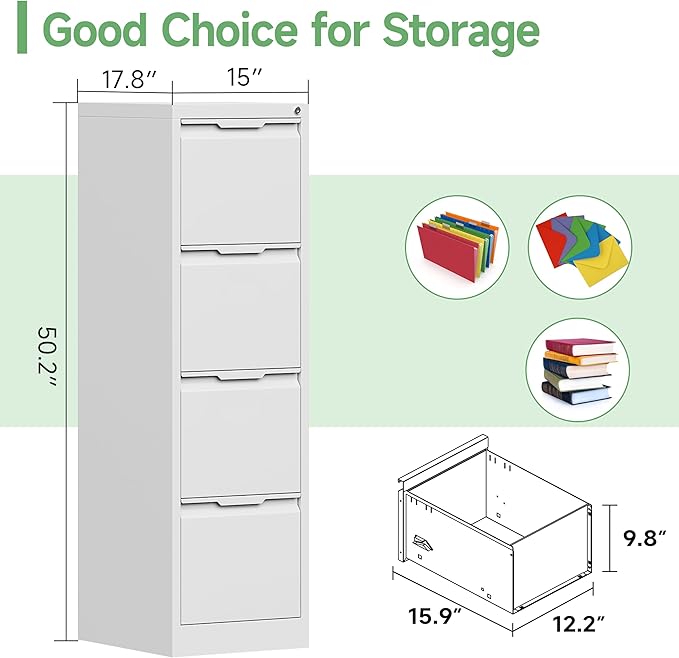 4-Drawer File Cabinet with Lock,Metal Vertical Filing Cabinets for Home Office,Under Desk File Cabinets for Letter/Legal/A4 Size Files,Easy Assemble
