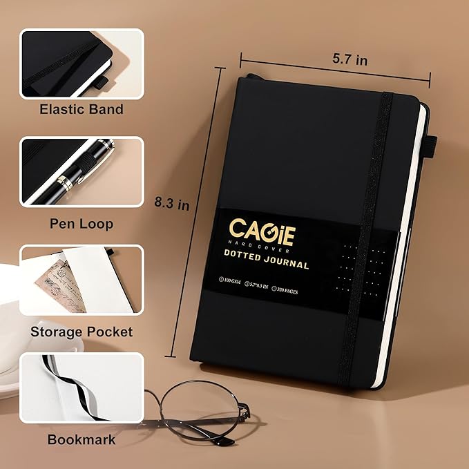CAGIE Bullet Dotted Journal Notebook 320 Pages 100 GSM Paper Hardcover B5 Dot Grid Notebook Leather Journals for Writing Women Men Work Journaling, Black