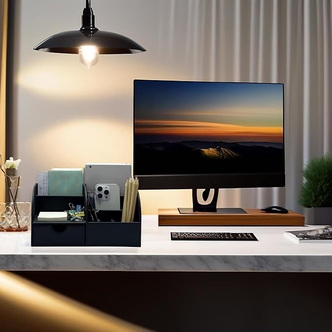 UnionBasic Desk Organizer - Multifunctional Leather Desktop Pen Holder Storage Box - Business Card/Pen/Pencil/Mobile Phone/Stationery Holder, Black