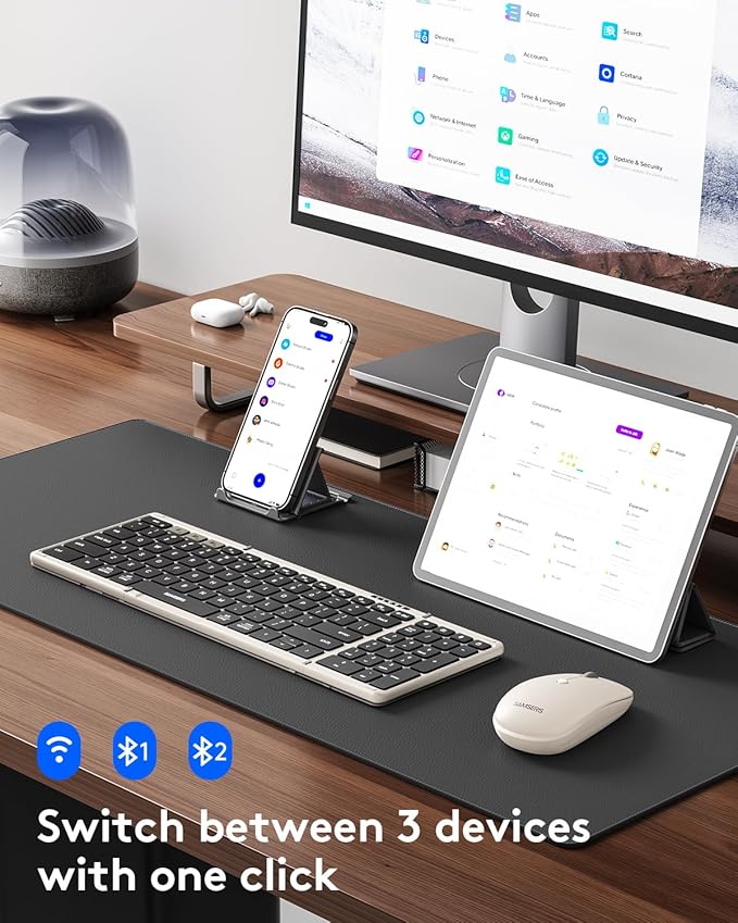 Foldable Keyboard and Mouse, Samsers Folding Bluetooth Keyboard Combo, 2.4G + BT5.0 x 2, Full-Size Portable Travel Keyboard & Rechargeable Wireless Mouse for Windows Android iOS Mac OS, Starlight