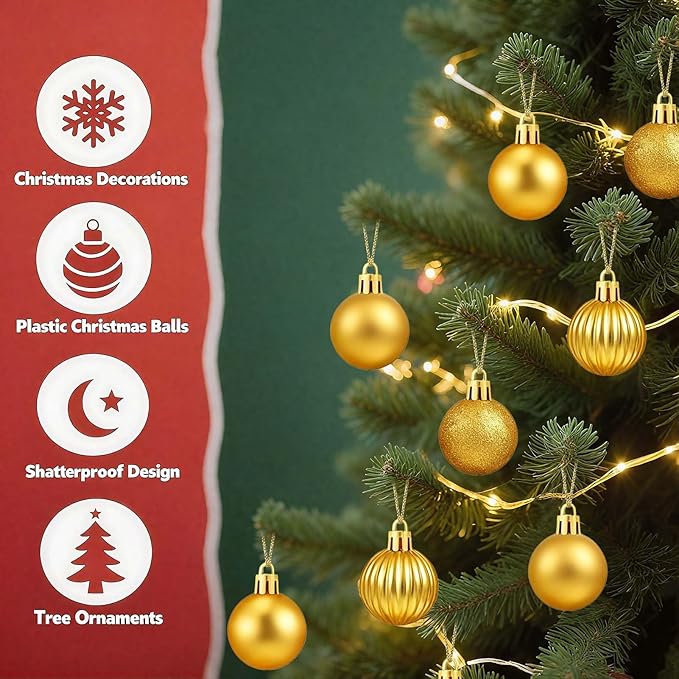 Set of 24 Small Gold Christmas Ornaments Balls for Christmas Tree, 1.2 inch Mini Gold Ornaments for Mini Tree, Tiny Plastic Shatterproof Hanging Bulbs Xmas Valentine Party Indoor Outdoor Decorations