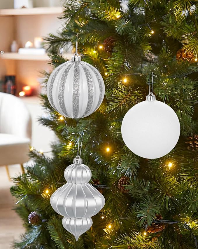 4" Christmas Ball Ornaments Set 12PCS Large Shatterproof Plastic Ornaments Christmas Tree Ball Hanging Ornaments for Xmas Tree Wedding Party Holiday Decorations - Silver, White