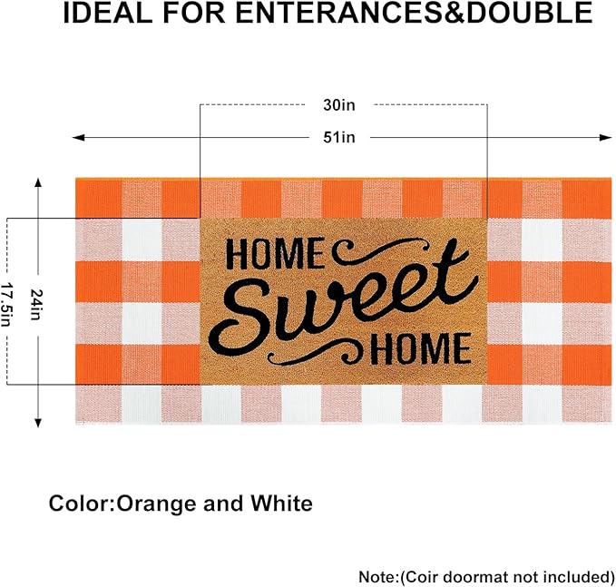 KIMODE Fall Door Mat Outdoor Orange and White 24"x51",Halloween Doormat,Washable Cotton Buffalo Plaid Check Front Door Rug for Layering Rugs,Halloween Porch Decorations,Entryway,Farmhouse