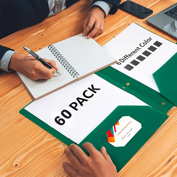 Honoson 60 Pcs Plastic Folders with Clear Front Pocket 3 Hole Punched Folders for 3 Ring Binder 1/6 Cut Tabs for Office Classroom (Bright Colors)