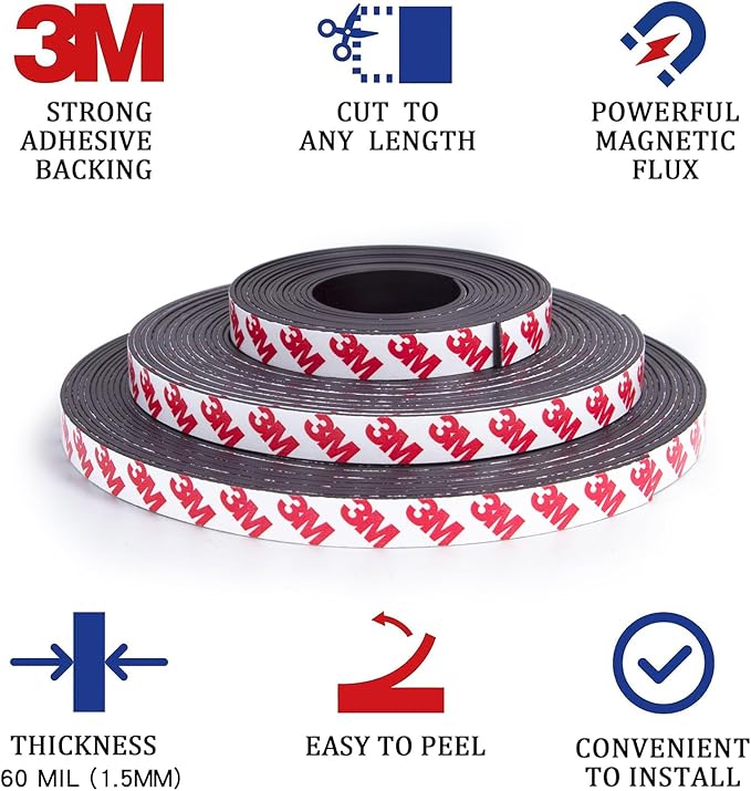 10 Feet x1/2 in Magnetic Tape Strips Roll with 3M Adhesive Backing, Flexible Sticky Magnet Tape for Lightweight Craft DIY Projects, Whiteboards and Fridge Organization (0.06" Thick)