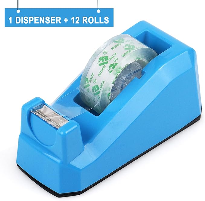BOMEI PACK Transparent Tape Dispensers Desk, 1 Pack Blue with 12Rolls Transparent Tape, 1 Inch Core, for Gift Wrapping, School, Office and Home