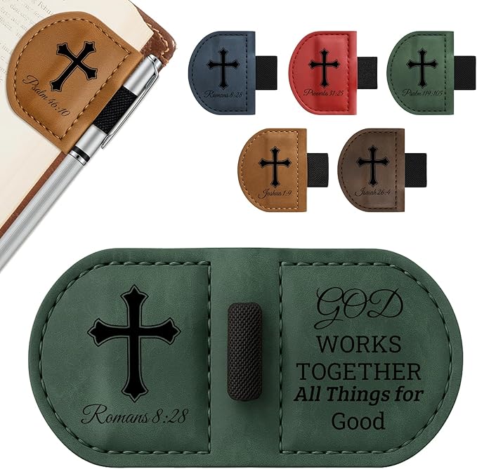 Bygone Mark Personalized Magnetic Leather Bookmark with Pen Holder - Inspirational Bible Verse Scripture Design, Custom Book Marker for Book Lovers Men Women (Green-Romans 8:28)