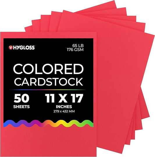 Hygloss Red Bright Colored Cardstock - 11x17-Inch, 50 Sheets, 65 lb/ 176 gsm, Fade-Resistant, Acid-Free Color Card Stock Paper