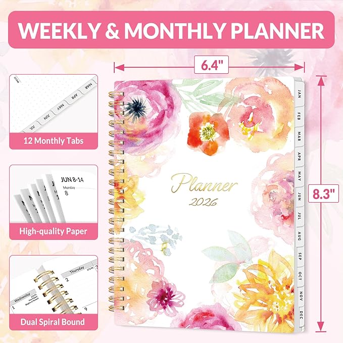 SUNEE Planner 2026 Weekly and Monthly, January 2026-December 2026, 6.4"x8.3", Tabs, Note Pages,Spiral Binding, Watercolor Flowers
