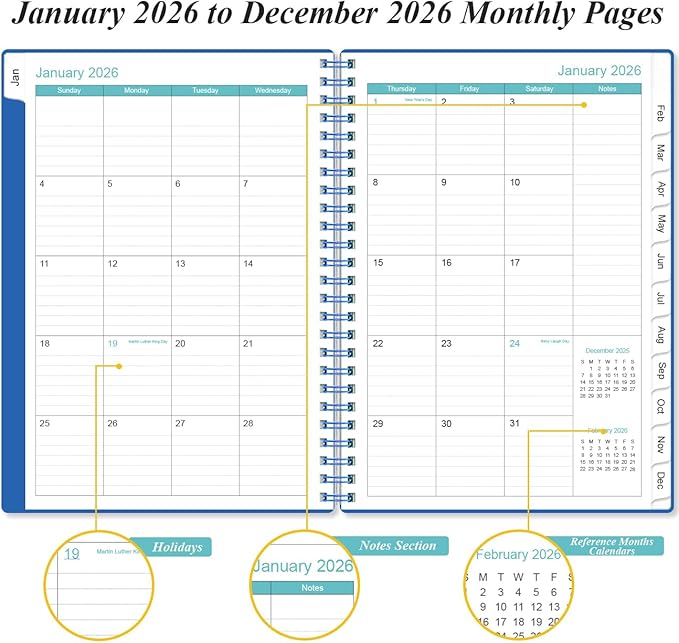 2026 Planner - Planner 2026 from January 2026 - December 2026, Weekly & Monthly Planner Spiral Bound with 12 Monthly Tabs, Inner Pocket, 6.4" x 8.5", Blue-E