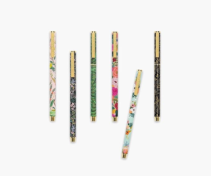 RIFLE PAPER CO. Juliet Rose Writing Pen, 5.375" L, 0.5 mm Rollerball Tip, Stainless Steel Body with Brass Accents, Office and School Supplies for Stationery, Notes, and Art