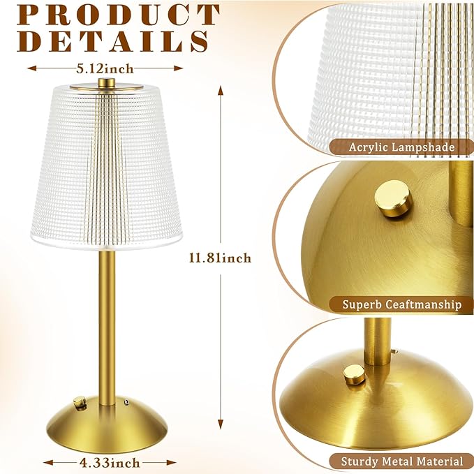 Liliful 2 Pcs LED Portable Cordless Table Lamp Touch Battery Operated Rechargeable Gold Desk Lamp 3 Color Dimmable for Bedroom Living Room Dining (Gold,Retro Style)
