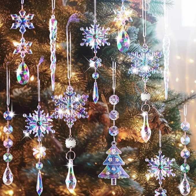 Lanpn 26pcs Christmas Ornaments Crystal Christmas Tree Decoration, Iridescent Hanging Clear Acrylic Snowflake Icicle Pendants Drop for Xmas Winter Outdoor Indoor Party Decoration Supplies Colorful